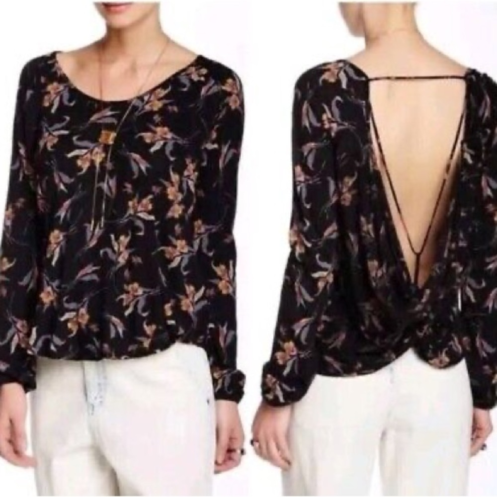 Free People Elsa Blouse Open Drape Back Top Black Floral Size small b